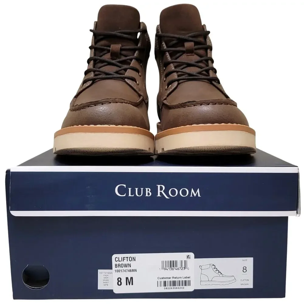 Club Room Men Clifton Moc Toe Combat Hiking Boots Size US 8M Brown Faux Leather
